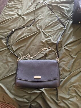 kate spade black leather crossbody with gold chain